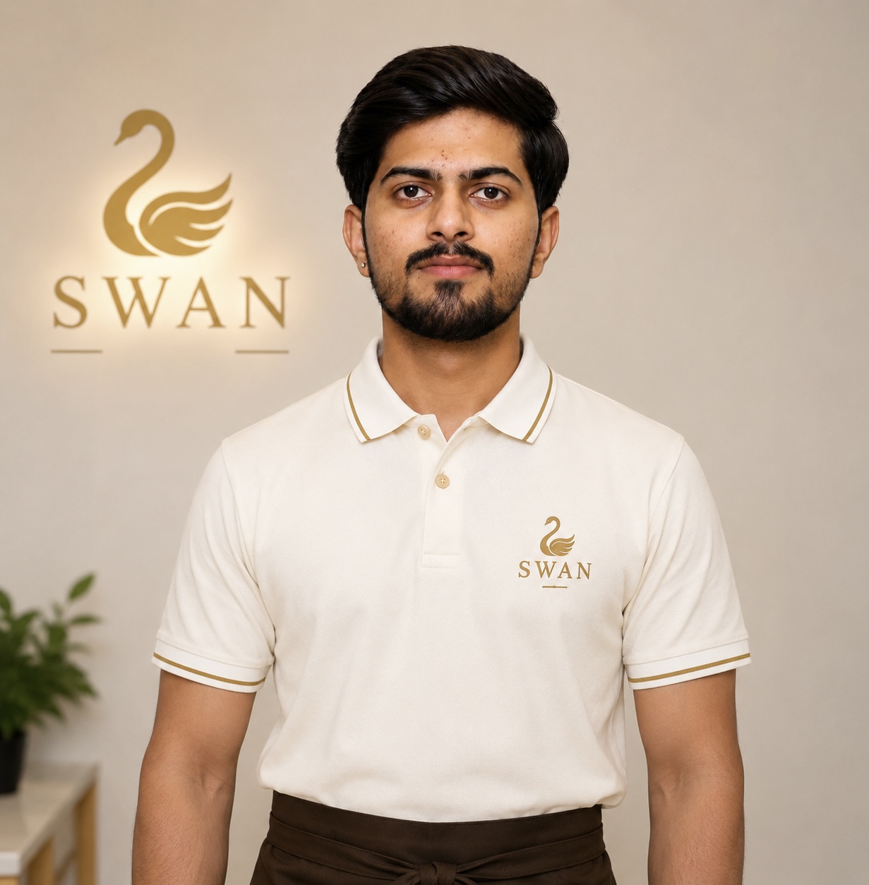 SWAN founder in the brand's signature uniform